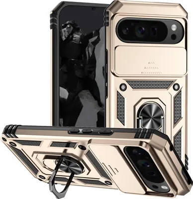 Image de Étui pour Google Pixel 9 Pro étui double couche avec couvercle coulissant pour appareil photo et anneau de support Or