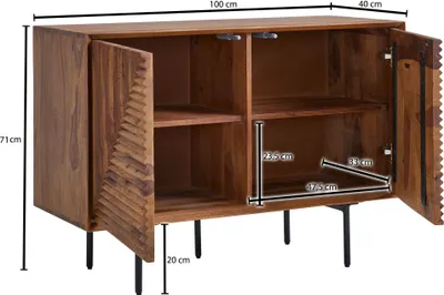 A wooden sideboard with two doors and black legs, with dimensions indicated by measurement lines and text.