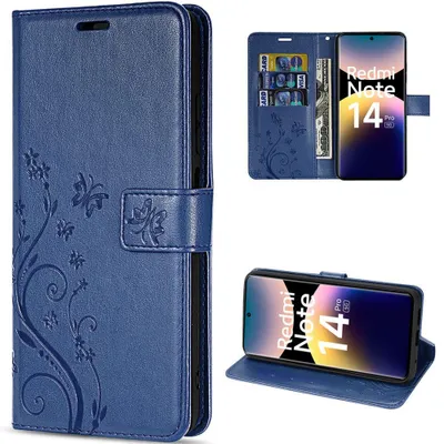 Image de Coque pour Xiaomi Redmi Note 14 Pro 5G, Protection Synthécuir Relief Floral Artistique - Bleu Marine
