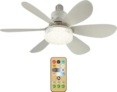 A white ceiling fan with a light is shown in the center of the image, with a remote control positioned below it.