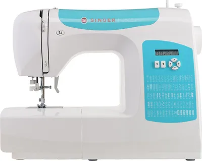 A white and turquoise Singer sewing machine is shown on a white background.