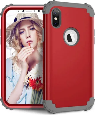 Produktbild von iPhone XS / X Hülle, LaimTop Heavy Duty 3 in 1 Hybrid Hart PC Flexibel TPU Silikon Stossfest Kratzfest Tasche Schutzhülle für iPhone XS / iPhone X Rot