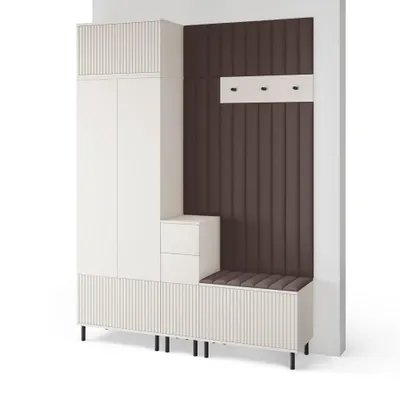 Produktbild von Garderoben-Set Ritmo version 8 – gefräste Kleiderschrank mit Polsterplatten, Schuhschrank, für Flur und Eingangsbereich (Cashmere, Trinity 08)