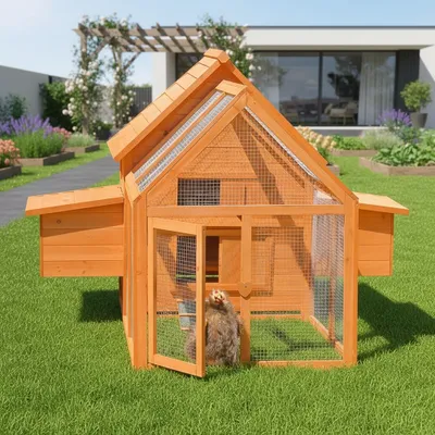 A wooden chicken coop with a chicken inside, set in a grassy garden with a modern house in the background.