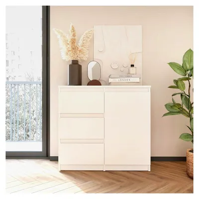 Produktbild von Kommode mit 3 Schubladen und Türen – Weißer Komodenschrank für Schlafzimmer, Wohnzimmer oder Flur | Sideboard 80,4 x 35 x 74,5 cm