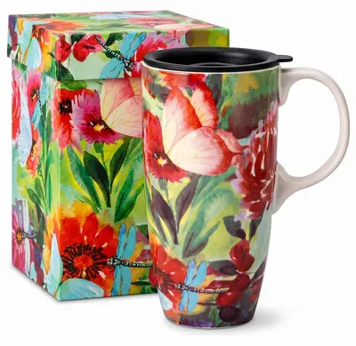 Immagine prodotto di Tazza in Vetroceramica da 500 ml con coperchio, design floreale con farfalle, confezione regalo