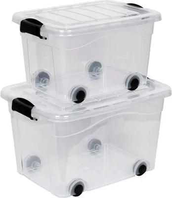 Produktbild von 2 Stück Rollboxen Set 20 und 40 Liter Volumen mit Deckel. In Transparenter Ausführung aus robustem Kunststoff