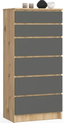 Produktbild von Kommode in Artisan Eiche-grau mit 6 geräumigen Schubladen, 60 cm breit, 130 cm hoch Kommode Schlafzimmer Flur Wohnzimmer Organizer Kommode mit Schubladen Holz Highboard Sideboard Schrank