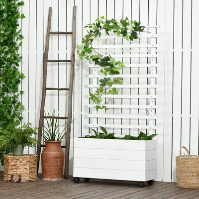 Produktbild von Blumenkasten mit Spalier auf Rädern, Hochbeet rollbar, Pflanzkübel Holz, Weiß | 76 x 30 x 155 cm | 4 Rollen mit Bremsen | Wetterfest