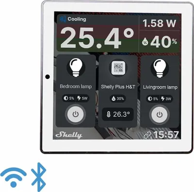 Image de Shelly Wall Display White, WiFi & Bluetooth Panel De Control Smart avec interrupteur intégré De 5 A & De écran couleur, domotique, application iOS Android, capteurs Lux