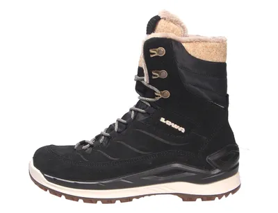 A black winter boot with tan fur lining, shown from the side against a white background.
