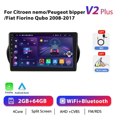 Image de Pour Fiat Fiorino/Qubo 2008-2017 - Autoradio Android 11 au format 2-DIN - Écran tactile de 25,4 cm - Navigation GPS - Écran partagé - 2+64 Go - CarPlay 2-64 Go