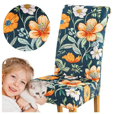 Produktbild von Stuhlbezug in Grün mit orangefarbenem Blumenmuster – Elastisch und formstabil