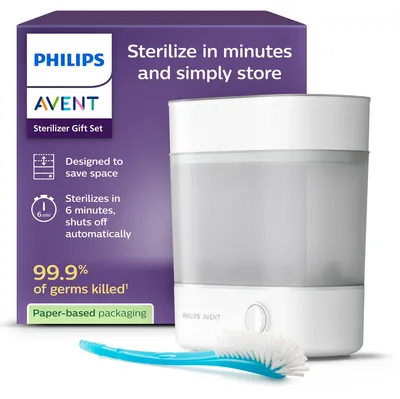 Immagine prodotto di Set regalo sterilizzatore Philips Avent – Sterilizzatore elettrico a vapore con biberon e spazzola per tettarella, facile pulizia e sterilizzazione di biberon, tiralatte, SCF291/30