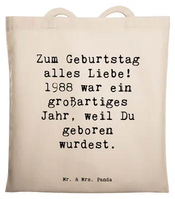 Produktbild von Mr. & Mrs. Panda Tote Bag Spruch 1988 Geburtstag - Weiß - Geschenk, Tasche, Einkaufstüte, Einkaufstasche, Laptoptasche, Geburtstagswünsche, Alter, Zum alles Liebe