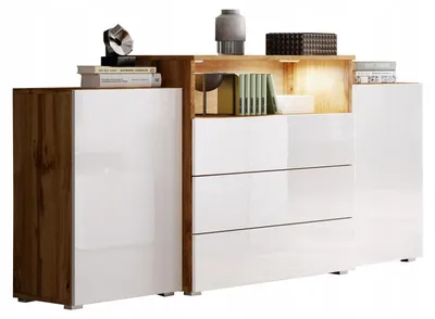 Produktbild von MINIO go for it, Kommode "KORFU III", Wohnzimmerkommode, 150cm, Wotan / Weiß Glänzend Farbe