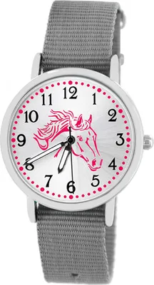 Produktbild von Mädchen Armbanduhr Pferdemotiv rosa Kinderuhr wasserdicht Textil Armband grau
