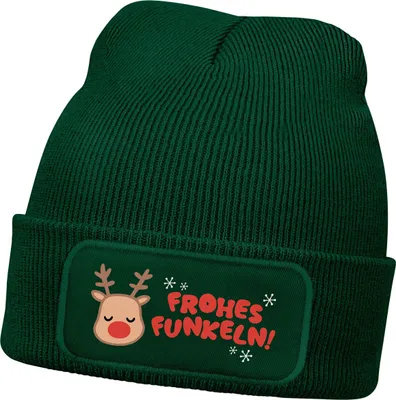 Produktbild von Wintermütze Kinder Mädchen Patch Rentier Rudolf Comicfigur Aufdruck Weihnachten Print Strickmütze MoonWorks®