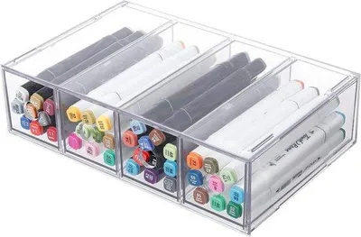 Image de Organisateur de tiroirs en plastique transparent Unyqoos®, 4 tiroirs – Boîte de rangement de 27 x 17 x 7 cm (compartiments de 6 x 16 x 6 cm) pour stylos, marqueurs, petits objets et notes