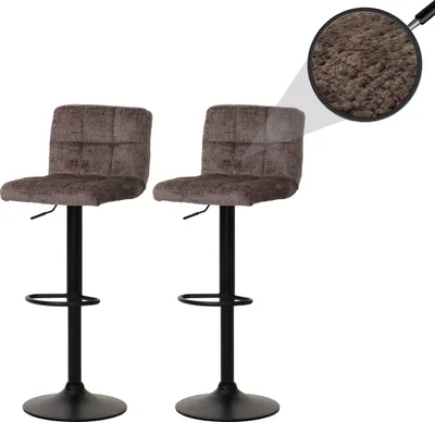 Two brown bar stools are shown against a white background. A magnified view of the fabric texture is shown in the upper right corner.