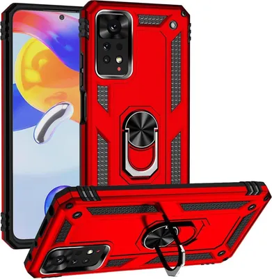 Produktbild von Conie Outdoor Schutzhülle für Xiaomi Redmi Note 11 / 11s Tasche Silikon Hard Case Cover Hülle mit Halter Ständer in Rot