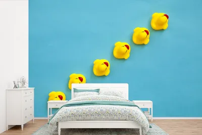 Produktbild von MuchoWow® Fototapete für Wohnzimmer oder Schlafzimmer Wandtapete Vinyl Motivtapete Gummi-Enten - Blau - Gelb - 390x260 cm - Papiertapete