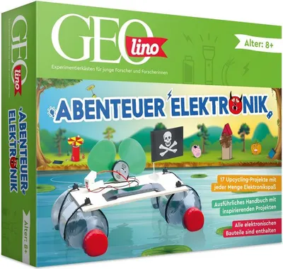 Produktbild von FRANZIS GEOlino Experimentierkasten Abenteuer Elektronik, Set mit Solarmodul, LEDs, Solarmotor, Propeller, Handbuch und weiterem Zubehör, ab 8 Jahren, keine Vorkenntnisse nötig