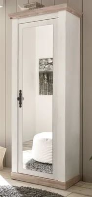 A tall, narrow wardrobe with a full-length mirror on the door, set in a room with neutral walls and flooring.
