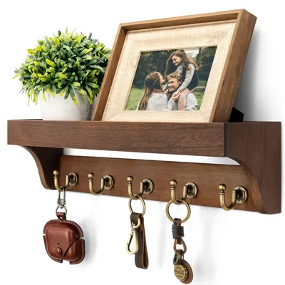Imagen del producto de Soporte de pared para llaves con 5 ganchos rústicos, de madera, ideal para pasillos y entradas