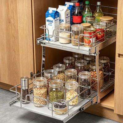 Produktbild von VEVOR ausziehbares Gewürzregal Doppelkorb Spülschrankregal Küchenschrank, Schiebeschublade Waschbecken Gewürzregal Schrank Organizer Unterschrankregal 393x558x457 mm (Installationsgröße)