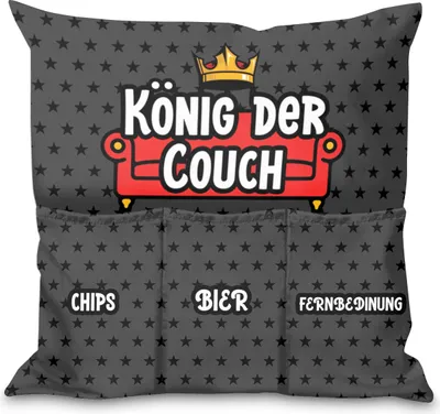Produktbild von Sofahelden Kissen, 45 x 45, mit Füllung, Kissen mit Taschen, Filmabend, Geburtstag Valentinstag, Couch Sofa Bett, Motiv König King of the Couch [091]