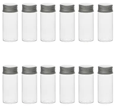 Image de Ensemble de 12 pots décoratifs en aluminium, capacité de 30 ml chacun. Contenants en verre transparent, idéaux pour les petites plantes ou comme éléments de décoration