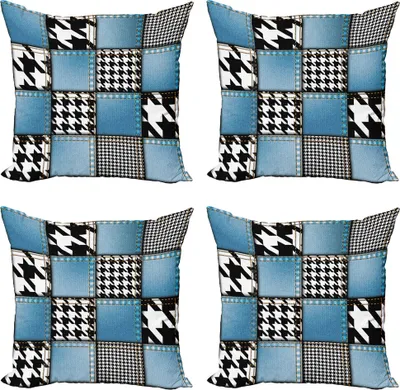 Produktbild von ABAKUHAUS Rustikal Kissenbezug Set (4 Stück), Denim Patchwork, Moderner Doppelseitiger Digitaldruck, 60 cm x 60 cm, Mehrfarbig
