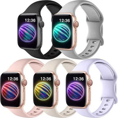 Image de 5 bracelets de montre compatibles avec les modèles Apple Watch 1, 2, 3, 4, 5, 6, 7, 8, 9, 10 et SE (tailles 42, 44, 45), coloris variés