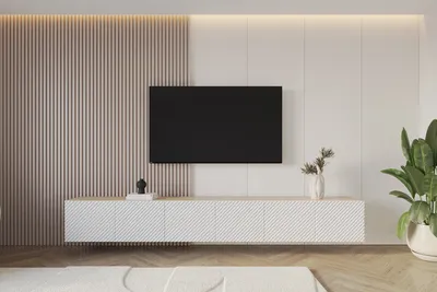 Produktbild von ALTDECOR TV-Schrank ZENO-W mit Gefrästen Fronten 3x100x40x40 Lowboard hängend, TV Möbel, TV Cabinet, Fernsehtisch, Fernsehschrank, TV Kommode, TV Tisch, TV Sideboard, TV Board - Weiß
