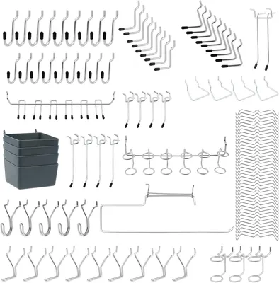 Produktbild von Pegboard Haken Set, 113-teilig, mit verschiedenen Wandhaken und Aufbewahrungsboxen, für Werkstatt