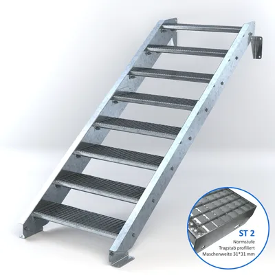 Produktbild von Stahltreppe 8 Stufen bis Höhe 160 cm, Laufbreite : 80 cm kein Geländer ST 2 (31 / 31 mm gezackt)