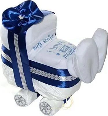 Produktbild von Windeltorte Kinderwagen + 3 tlg. Babyset blau