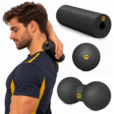 Zdjęcie produktu dla TREX SPORT: Zestaw 3 sztuk – wałek do masażu i piłki do masażu. Materiał: EPP. Idealne do masażu punktów spustowych, pleców i do samodzielnego masażu. Model: TX-035EPS