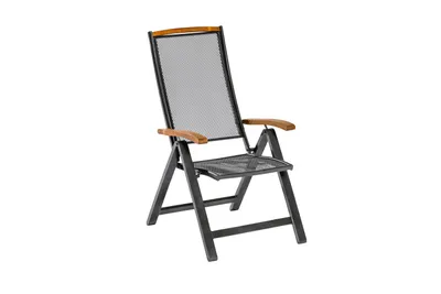 A single folding garden chair shown against a white background.