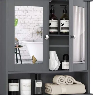 Immagine prodotto di Mobile alto da bagno con doppio specchio, mobile a specchio in legno con 3 ripiani, armadio moderno con interni regolabili, 56 x 13 x 58 cm, grigio