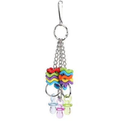 Immagine prodotto di Corda per uccelli in plastica atossica, con anello di dentizione e tettarella, come gioco per arrampicarsi e dondolarsi nelle gabbie