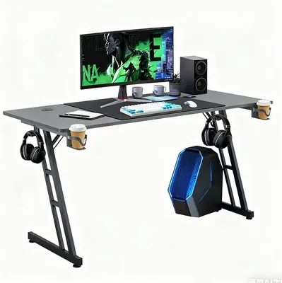 Productafbeelding van Gaming bureau 160 x 60 cm – Stabiel computerbureau met bekerhouders, kabeldoorvoeren en een koolstofvezel oppervlak. Ergonomisch gaming bureau voor PC en kantoor, zwart (zonder LED)