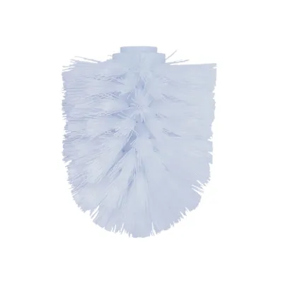 A close-up of a white toilet brush head against a white background.