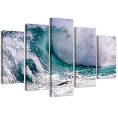Immagine prodotto di Quadro in tela in 5 parti con onda spumeggiante 150x100 cm Feeby verde quadro pronto da appendere