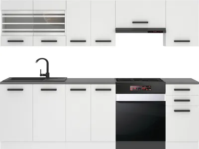 Produktbild von Belini Lily Küchenzeile 240 cm Weiß matt, komplett ohne Elektrogeräte & Arbeitsplatten. Mit Super-Soft-Touch, PRO+ System, Soft-Close Metallschubladen und höhenverstellbaren Füßen. 7-teilig modular aus Spanplatte, Melaminharz, HPL Schichtstoff. Decor Econatura.
