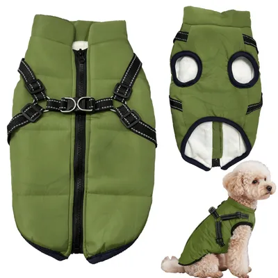 Immagine prodotto di Cappotto impermeabile per cani con imbracatura, giacca in pile invernale, riflettente, antivento, colore verde oliva, taglia M