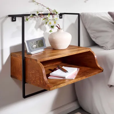 Produktbild von WOHNLING Nachtkonsole für Wandmontage 44x45x35 cm Nachttisch Mango Massivholz Nachtschrank mit Ablage Wandboard Schwebend für Boxspringbett