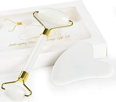 Produktbild von Jade Roller Set,GeeRic Gua Sha und Gesichtsroller Tool,natürlicher Grüner Jade Roller Massageroller, Gua sha Stein & Gesichtsroller,Verbesserung Von Feinen Linien und Ödemen
