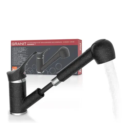 Produktbild von eisl Küchenarmatur GRANIT mit Geschirrbrause, Niederdruck Armatur Küche, Wasserhahn Küche ausziehbar, Spültischarmatur in Schwarz